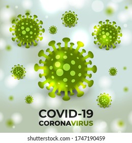 Coronavirus cells green bacterial on a color medical vector background with typography. Covid19 green colored viral cells. Covid-19, corona virus, realistic vector background.