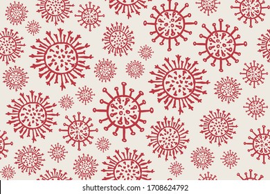 Coronavirus cells poster. Virus 2019-nCoV Bacteria. Seamless Pattern. Disease banner. Quarantine and flu. Respiratory illness. Hand drawn infected sketch background. Spikes of virion. 