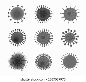 Coronavirus cells set isolated on a white background, 2019-nCoV China pathogen respiratory coronavirus, SARS pandemic risk alert, vector illustration