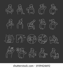 Conjunto de iconos de tiza de coronavirus.Medidas de protección.Síntomas y prevención de la enfermedad de la gripe.Atención de salud.Ilustración vectorial aislada en pizarra