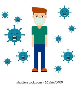 el personaje de coronavirus ataca a un hombre, un hombre usa máscara higiénica protege el virus covid-19