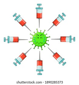 Coronavirus character being afraid vaccine injection shot cartoon symbol. Vector illustration isolated on white background.