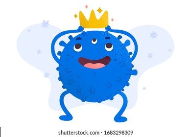 Carácter coronavirus, un virus fresco lindo que usa un vestido, mascota bossa, ilustración vectorial aislada, símbolo de la deseasa mortal contagiosa, germen de doodle con expresión facial feliz,