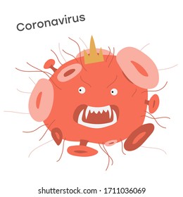 Coronavirus character design. Vector Cartoon illustration of red corona virus. 