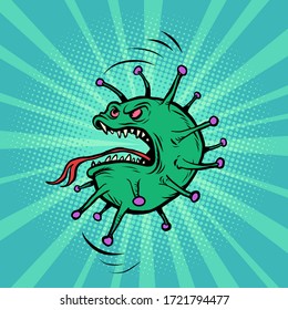 Coronavirus-Charakter böses grünes Virus. Comics Karikatur Pop Art Retro-Illustration