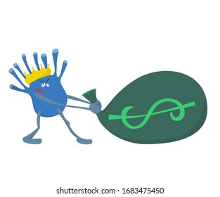 Personaje de Coronavirus lanzando una gran bolsa con dólares como una interpretación conceptual de la crisis financiera causada por la cuarentena mundial. Personaje de antihéroes curado en estilo plano.