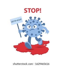 Coronavirus character walks on a map of China. The concept of stopping the MERS-CoV (Middle East respiratory syndrome coronavirus). 2019-nCoV. Vector illustration in flat style