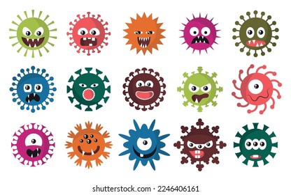 Coronavirus-Zeichen. Das bösartige Virus keimt mit Gesicht. Handzeichnung doodle Bakterien. Covid-19 Tier. Circle Microbe Cell. Ill-Erreger. Grippe-Monster setzen sich zusammen. Vektorgrafik, aktuelle Abbildung