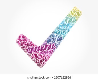 Coronavirus check mark word cloud collage, health concept background