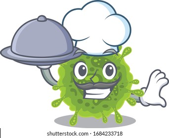coronavirus as a chef cartoon character with food on tray