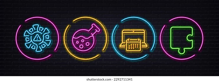 Coronavirus, Chemistry lab and Calendar minimal line icons. Neon laser 3d lights. Puzzle icons. For web, application, printing. Covid warn, Laboratory, Computer schedule. Puzzle piece. Vector