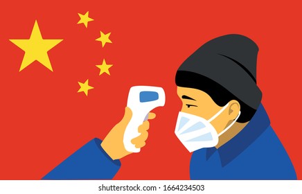 Coronavirus in China (2019-nCoV), man in white medical face mask. Coronavirus quarantine. Non-contact thermometer for diagnosing the disease