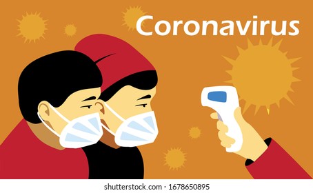 Coronavirus in China (2019-nCoV), men in white medical face mask. Coronavirus quarantine. Non-contact thermometer for diagnosing the disease. Chinese people