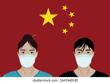 Coronavirus in China. Coronavirus (2019-nCoV), woman and man in white medical face mask. Concept of coronavirus quarantine.