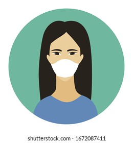 Coronavirus in China (2019-nCoV), woman in white medical face mask. Concept of coronavirus quarantine. Vector illustration. Brunette female in mask on green background