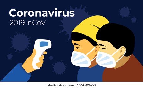 Coronavirus en China (2019-nCoV), hombres con mascarilla médica blanca. Cuarentena de coronavirus. Termómetro sin contacto para diagnosticar la enfermedad. Chino