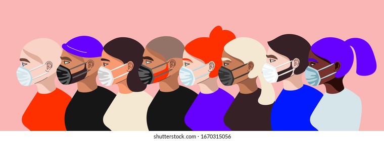 Coronavirus in China. Different people wearing grey, black and white medical face masks. Vibrant hand drawn vector men an women characters standing in a row. Worldwide quarantine concept. Trend design