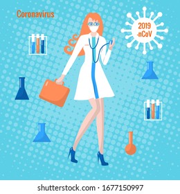 Coronavirus in China. Doctor in a dressing gown and medical mask with a tool case, test tubes and flasks. Quarantine coronavirus concept vector illustration. New Coronavirus (2019-nCoV). Flat design.