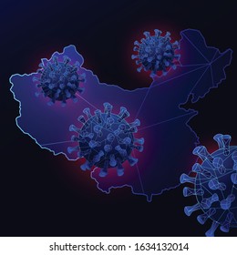 Coronavirus in China low poly on dark background vector illustration 