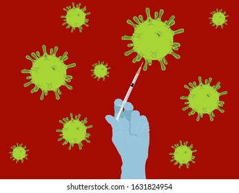 Coronavirus in China. New Coronavirus (2019-nKoV), hand in a medical glove with a syringe. Coronavirus quarantine concept. Image of a coronavirus molecule. Viral infection. Syringe.