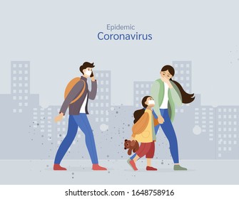 Coronavirus in China. New Wuhan coronavirus 2019-nCoV. Group people with kid wearing protective face masks, protection against chinese virus vector illustration