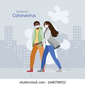 Coronavirus in China. New Wuhan coronavirus 2019-nCoV. Family with children in pram wearing protective face masks, protection against chinese virus vector illustration