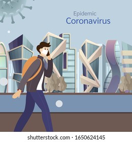 Coronavirus in China. New Wuhan coronavirus 2019-nCoV. Tired man walking near gray city buildings wearing protective face masks, protection against chinese virus vector illustration