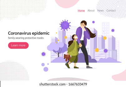 Coronavirus in China. New Wuhan coronavirus 2019-nCoV. Group people with kid wearing protective face masks, protection against chinese virus coronavirus epidemic landing page vector illustration