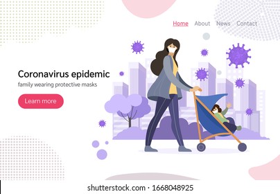 Coronavirus in China. New Wuhan coronavirus 2019-nCoV. Family with children in pram wearing protective face masks, protection against chinese virus landing page vector illustration