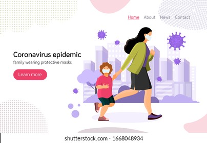 Coronavirus in China. New Wuhan coronavirus 2019-nCoV. Group people with kid wearing protective face masks, protection against chinese virus coronavirus epidemic landing page vector illustration