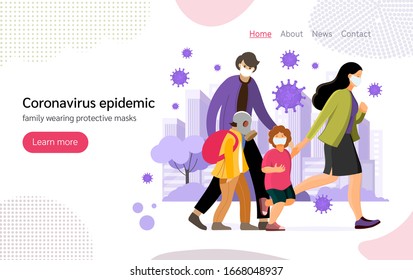Coronavirus in China. New Wuhan coronavirus 2019-nCoV. Group people with kid wearing protective face masks, protection against chinese virus coronavirus epidemic landing page vector illustration