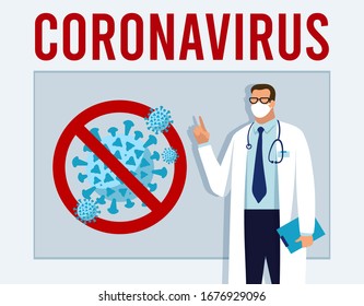 Coronavirus in China. Novel coronavirus 2019-nCoV Conceptual poster, virus protection, global pandemic, protection of health and loved ones. The doctor warns of protective measures against the disease