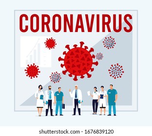 Coronavirus in China. Novel coronavirus 2019-nCoV Doctors decide to take measures to protect people from the epidemic. Large poster with the image of the virus. Flat vector illustration