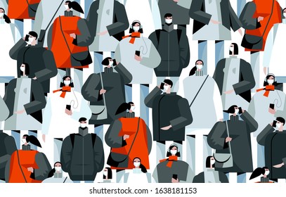 Coronavirus in China. Novel coronavirus 2019-nCoV, people in white medical face mask. Concept of coronavirus quarantine vector illustration EPS 10. Seamless texture