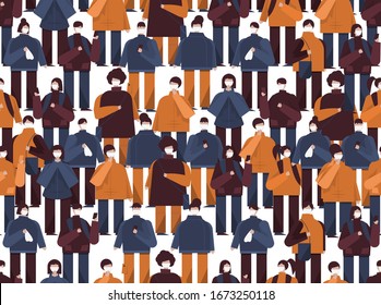 Coronavirus in China. Novel coronavirus 2019-nCoV, people in medical mask. Concept coronavirus quarantine. People wearing face masks, contaminated air, pollution. Vector illustration. Seamless pattern