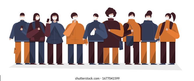 Coronavirus in China. Novel coronavirus 2019-nCoV, people in medical mask. Concept coronavirus quarantine. People wearing face masks, contaminated air, pollution. Vector illustration. Prevent disease