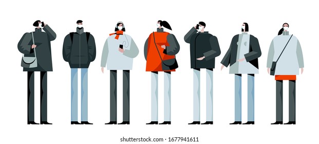 Coronavirus in China. Novel coronavirus 2019-nCoV, people in white medical face mask. Concept of coronavirus quarantine vector illustration EPS 10 isolated on white