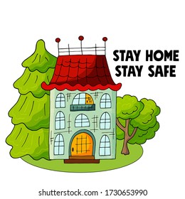 Coronavirus in China. Novel coronavirus (2019-nCoV). Stay at home concept illustration with house and trees modern cute style. Stay home club