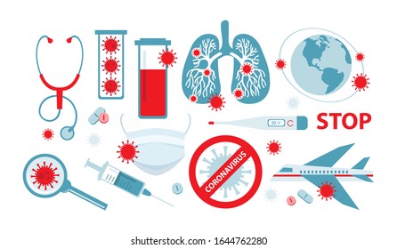 Coronavirus in China. Novel coronavirus 2019-nCoV. Virus quarantine. MERS-Cov middle East respiratory syndrome. Set of different elements on the topic of disease and medicine. Icons for infographics