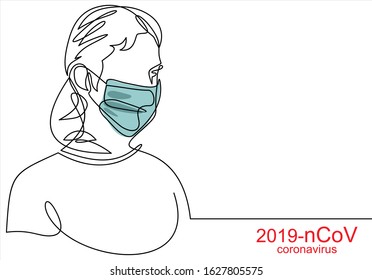 Coronavirus in China. Novel coronavirus (2019-nCoV), woman medical face mask. Concept of coronavirus- - continuous line drawing