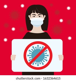 Coronavirus in China. Novel coronavirus (2019-nCoV). Woman in white medical face mask with a stop sign. Concept of coronavirus quarantine vector illustration. MERS-Cov middle East respiratory syndrome