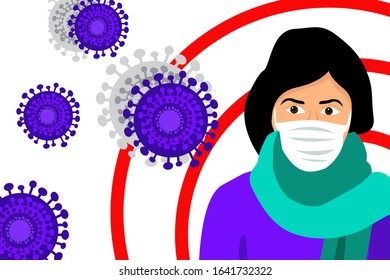 Coronavirus in China. Novel coronavirus (2019-nCoV), woman medical face mask. A person has the flu or a cold. illustration. The virus in China. Flat vector stock illustration. Stop pneumonia.