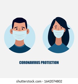 Coronavirus in China. Novel coronavirus (2019-nCoV), woman and man in white medical face mask. Concept of coronavirus quarantine. Vector illustration. 