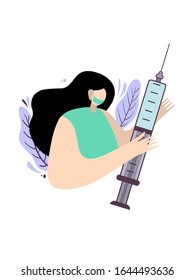 Coronavirus in China. Novel coronavirus 2019-nCoV, woman in medical face mask and vaccine syringe injection. Concept of coronavirus is quarantine. Hand drawn illustration