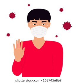 Coronavirus in China. Novel virus 2019-nCoV. Chinese man in white medical face mask shows a stop gesture. Concept of quarantine, prevent infection