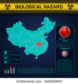 Coronavirus in China. Template with silhouette of coronavirus molecule and graphic elements with icons for addition statistics. Information banner for news. Wuhan coronavirus 2019-nCoV on China map.