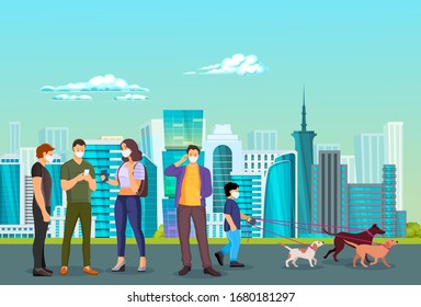 Coronavirus in China. Urban street with roads, urban buildings skyscrapers. Group people wearing protective face masks walking near on street. Chinese virus coronavirus epidemic vector