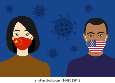 Coronavirus in China and USA. Novel coronavirus 2019-nCoV , woman and man in red medical face mask.