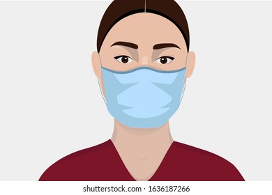 Coronavirus in China. Vector illustration. Novel coronavirus (2019-nCoV), woman in white medical face mask. Concept of virus.