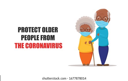 Coronavirus In China And In Whole World. Older People And Children Are In Group Risk. African Black Grandparents Wearing A Medical Blue Mask For Prevent Flu. Vector Flat Cartoon Illustration